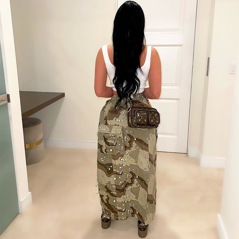 Camouflage Washed Pocket Slit Casual Maxi Skirt