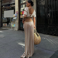 Short Sleeve Deep V Neck Stripe Knitted Maxi Skirt Suit