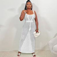 Sleeveless Tie Mesh Knitted Beach Maxi Skirt Suit