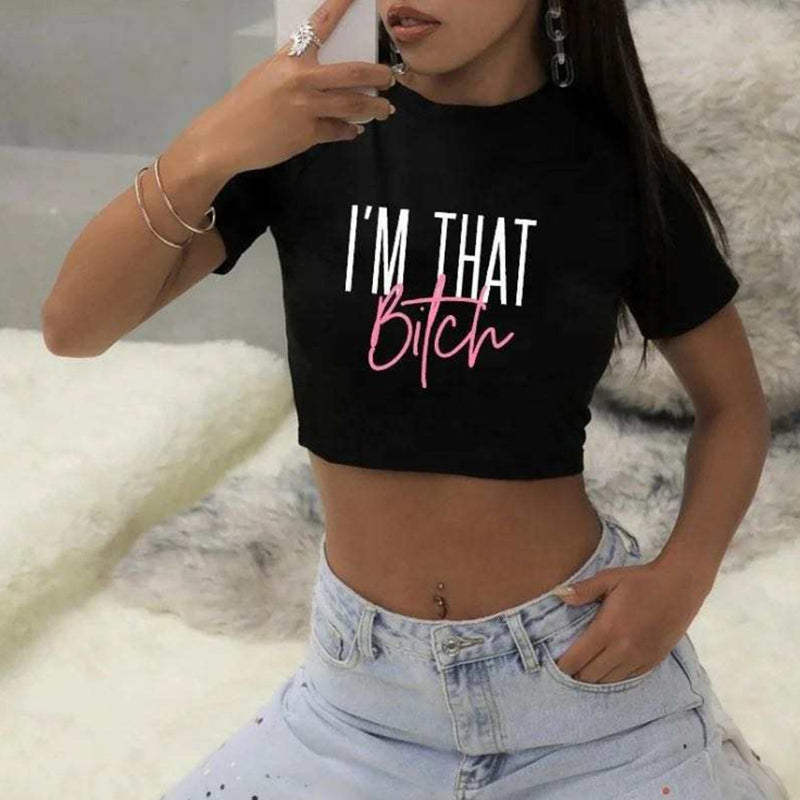 Womens Short Sleeve Glue Letter Crop Top