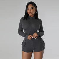 Long Sleeve Deep V Neck Zip Up Stretch Golden Romper