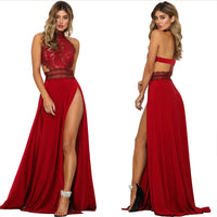 Laced Halter Neck Bare Back High Slit Maxi Dress