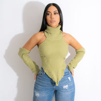 Turtle Neck Fake Sleeve Finger Hole Casual Top