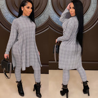 Turtle Neck Houndstooth Print Fashion Top Long Pants Suit