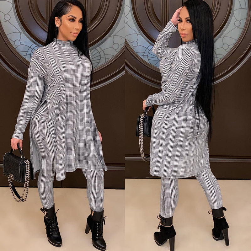 Turtle Neck Houndstooth Print Fashion Top Long Pants Suit