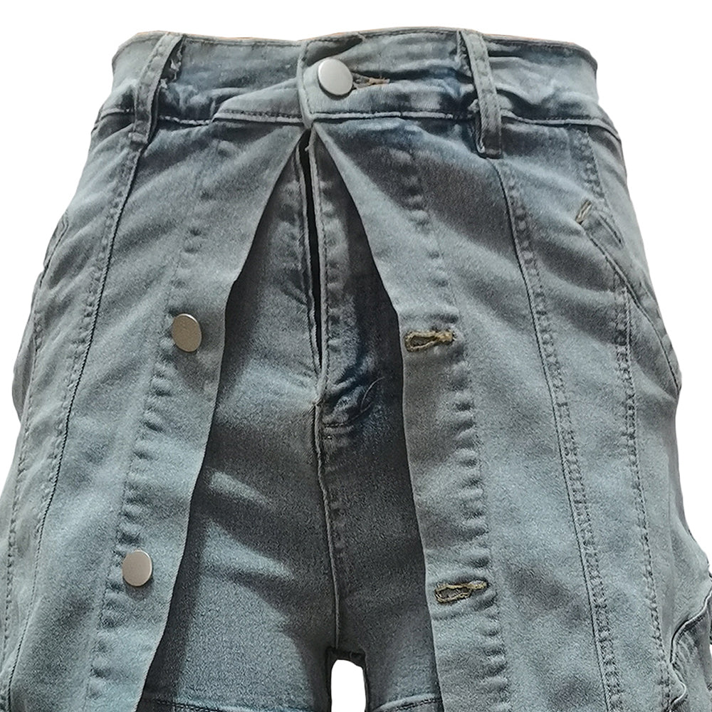 Elastic Fake Two Piece Button Denim Shorts