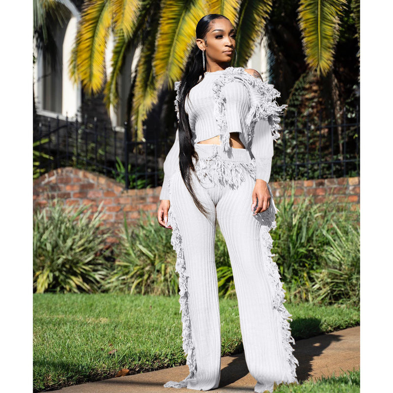 Long Sleeve Tassel Point Sweat Pants Suit