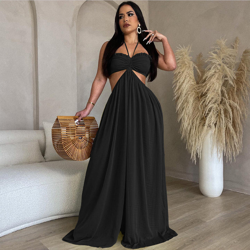 Chiffon Wrapped Chest Wide Leg Casual Jumpsuit