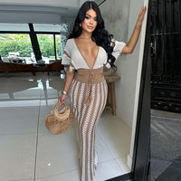 Short Sleeve Deep V Neck Stripe Knitted Maxi Skirt Suit