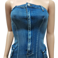 Tube Top Washed Button Stretch Denim Dress