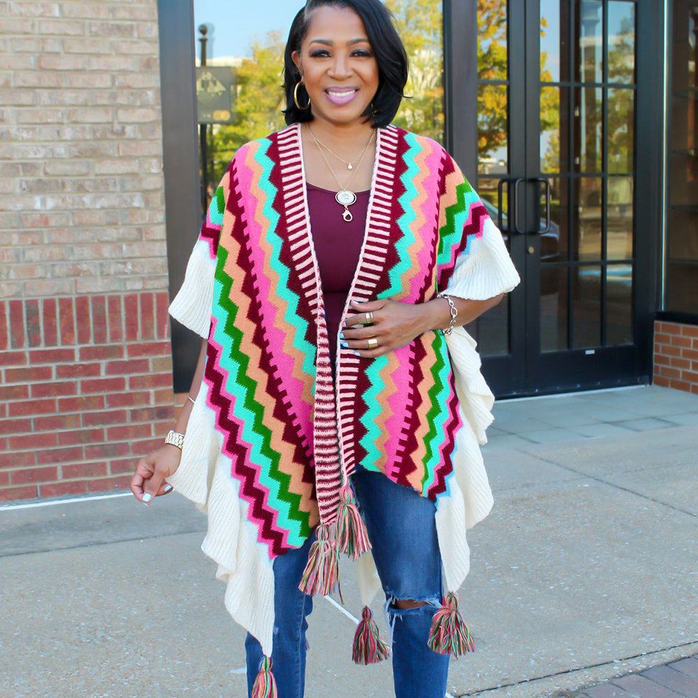 Geometric Knitted Hand Hook Tassel Cardigan