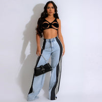 Three Stripe Stitching Wide Leg Denim Long Pants