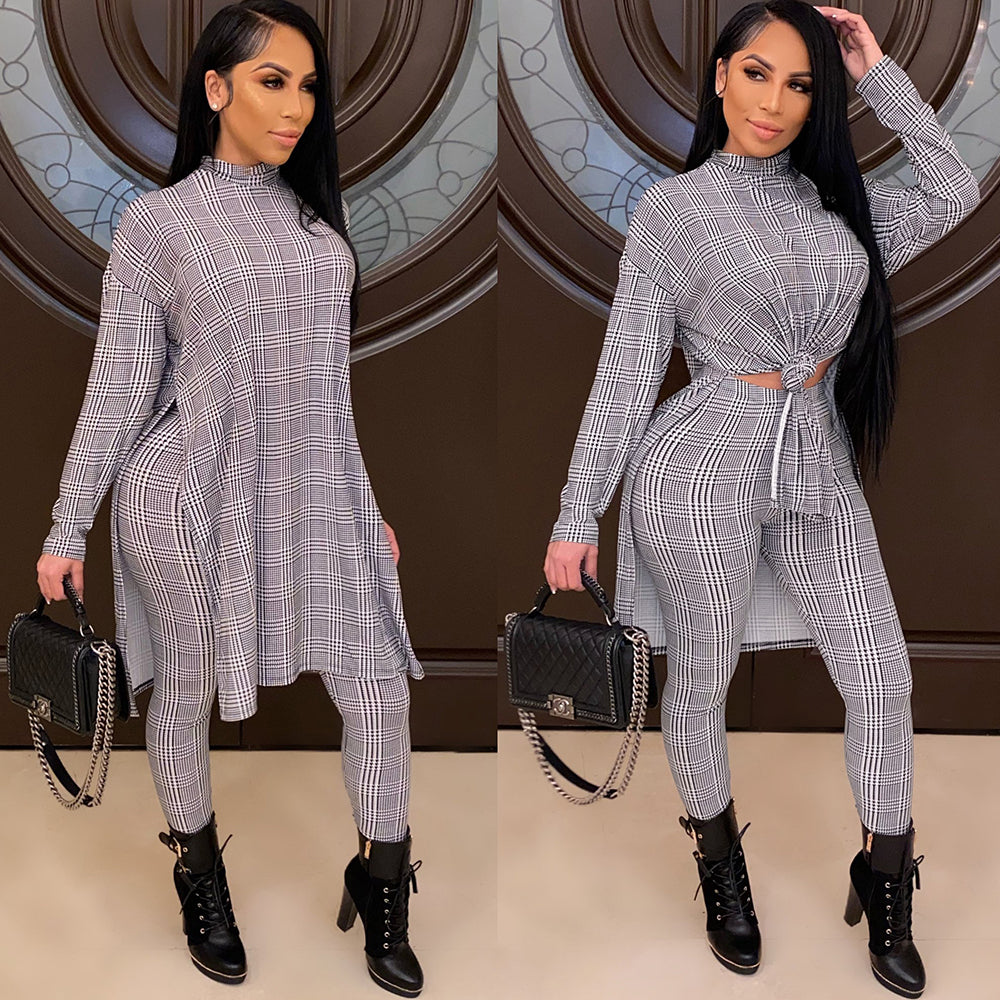 Turtle Neck Houndstooth Print Fashion Top Long Pants Suit