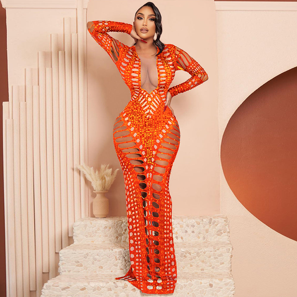 Long Sleeve Ripped Cut Out Diamond Print Jumpsuit