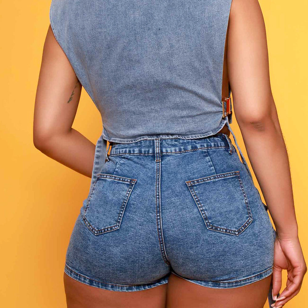 Stretch Overalls Zipper Multi Pocket Denim Shorts