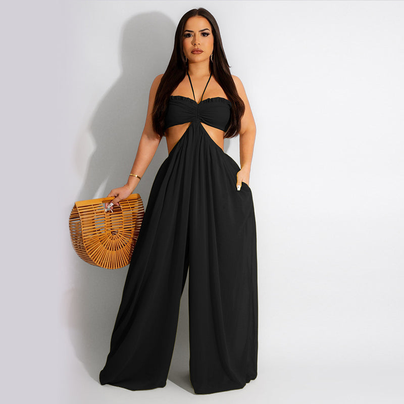 Chiffon Wrapped Chest Wide Leg Casual Jumpsuit