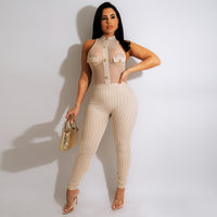 Sleeveless Halter Neck Ribbed Houndstooth Print Mesh Jumpsuit