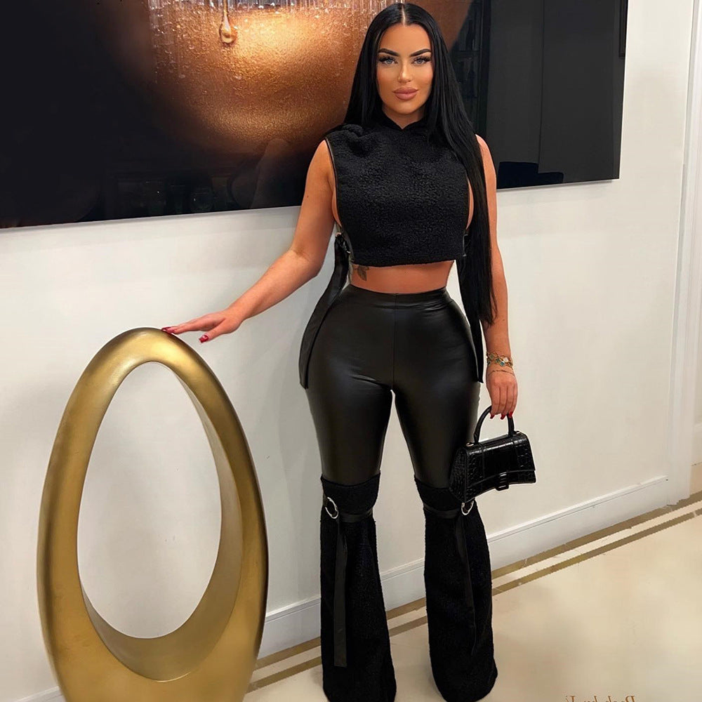 Leather Stretch Sleeveless Crop Hoodie Pants Suit