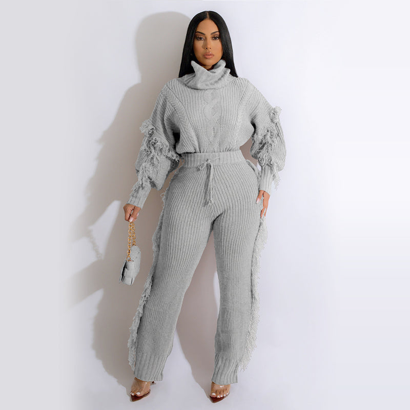 Long Sleeve Knitted High Collar Tassel Pants Suit