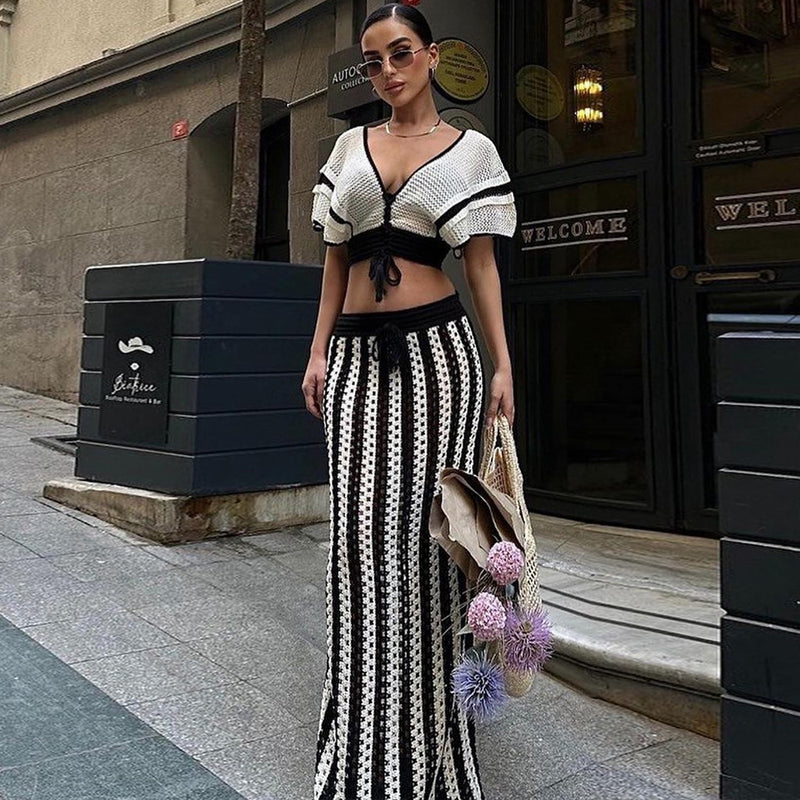 Short Sleeve Deep V Neck Stripe Knitted Maxi Skirt Suit