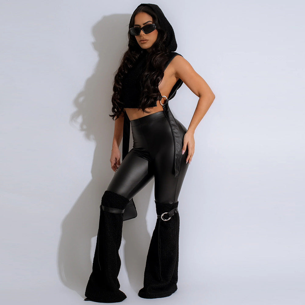 Leather Stretch Sleeveless Crop Hoodie Pants Suit