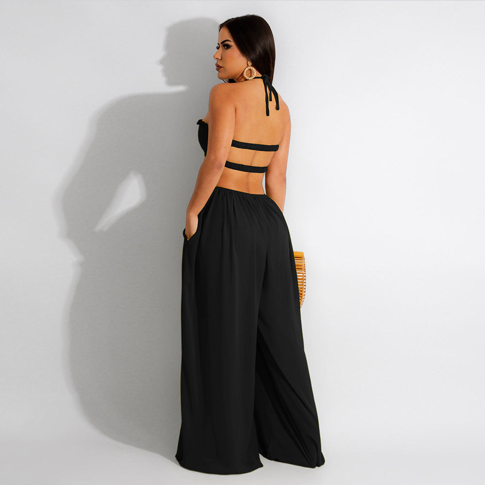 Chiffon Wrapped Chest Wide Leg Casual Jumpsuit