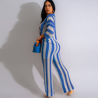 Short Sleeve Stripe Cardigan Wide Pants Suit