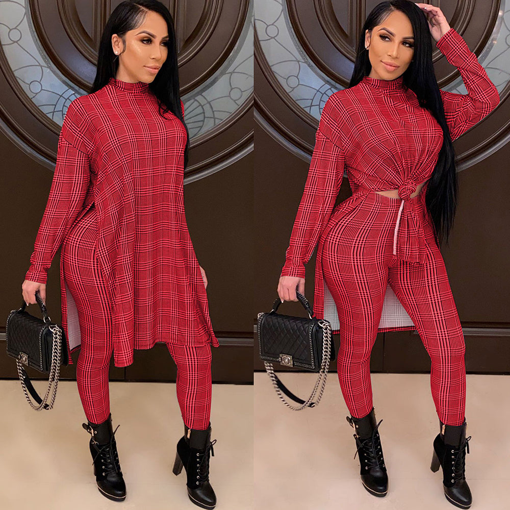 Turtle Neck Houndstooth Print Fashion Top Long Pants Suit