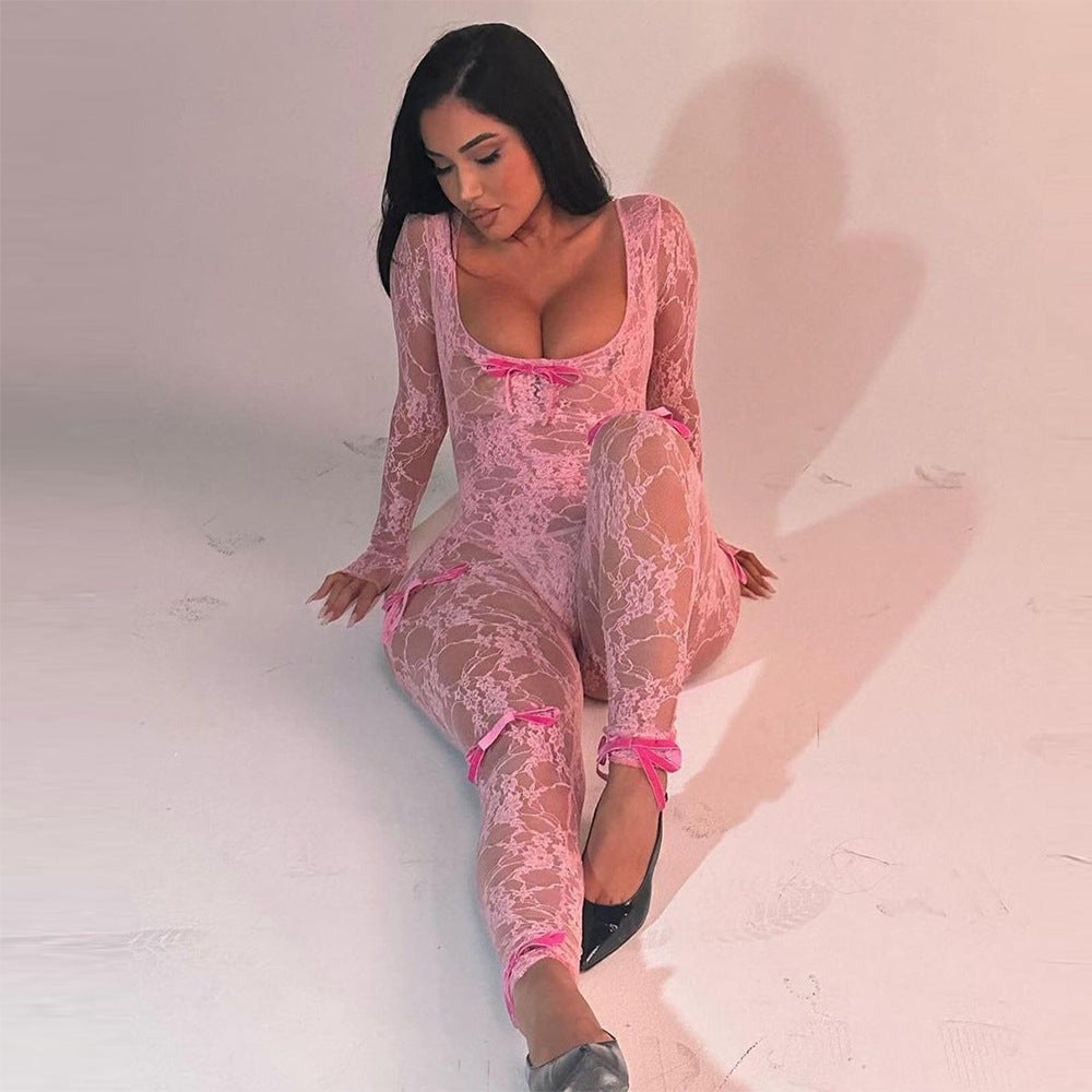 U Neck Long Sleeve Sexy Stretched Ribbon Point Jumpsuit