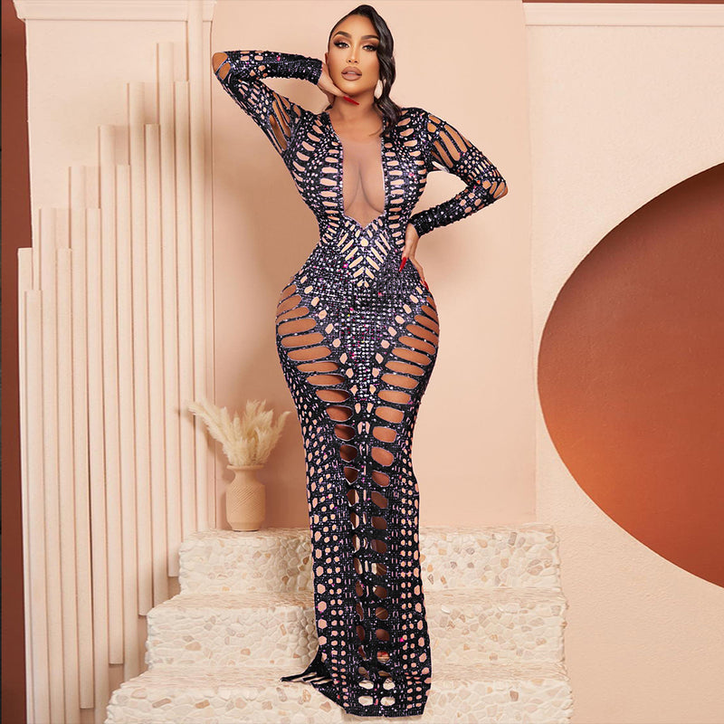 Long Sleeve Ripped Cut Out Diamond Print Jumpsuit