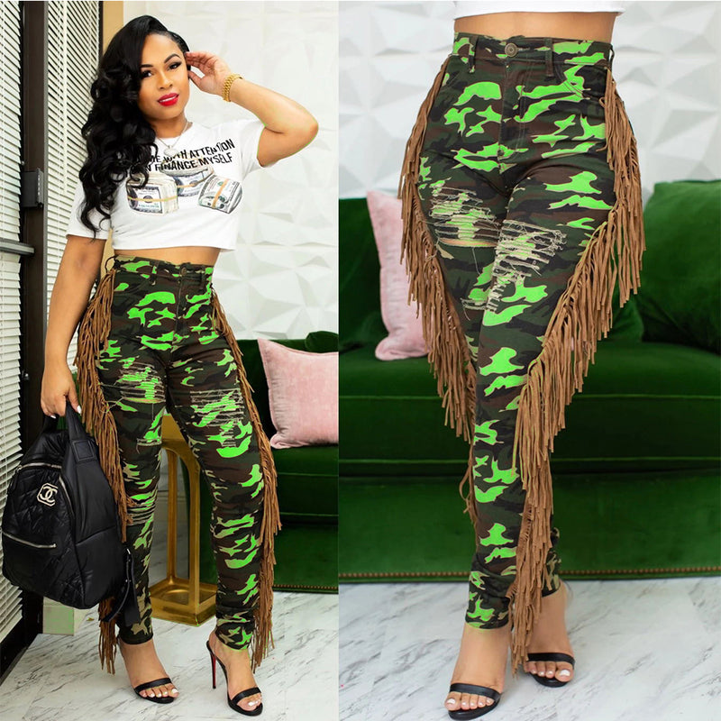 Camouflage Tassel Casual Slim Fit Pants