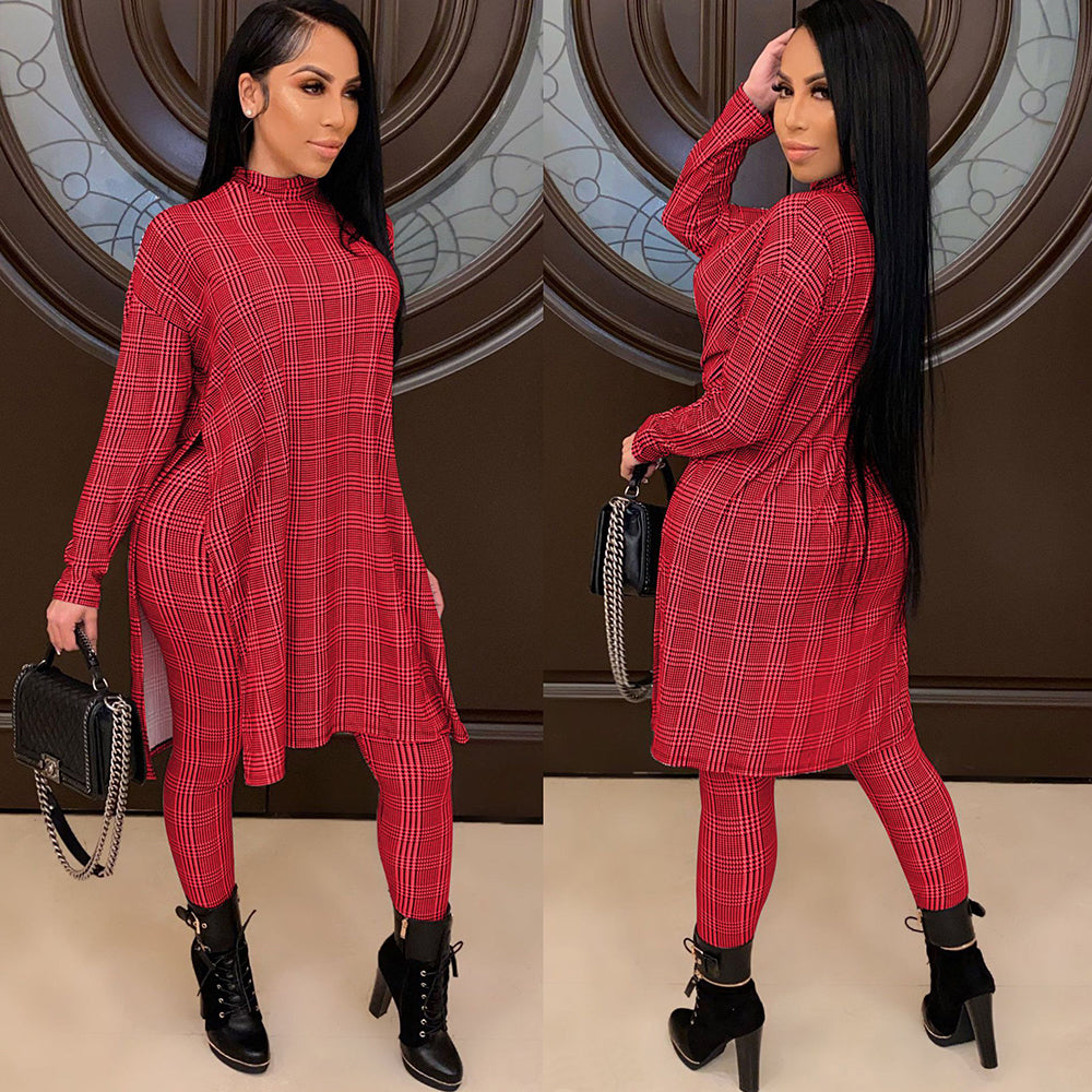 Turtle Neck Houndstooth Print Fashion Top Long Pants Suit