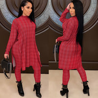 Turtle Neck Houndstooth Print Fashion Top Long Pants Suit