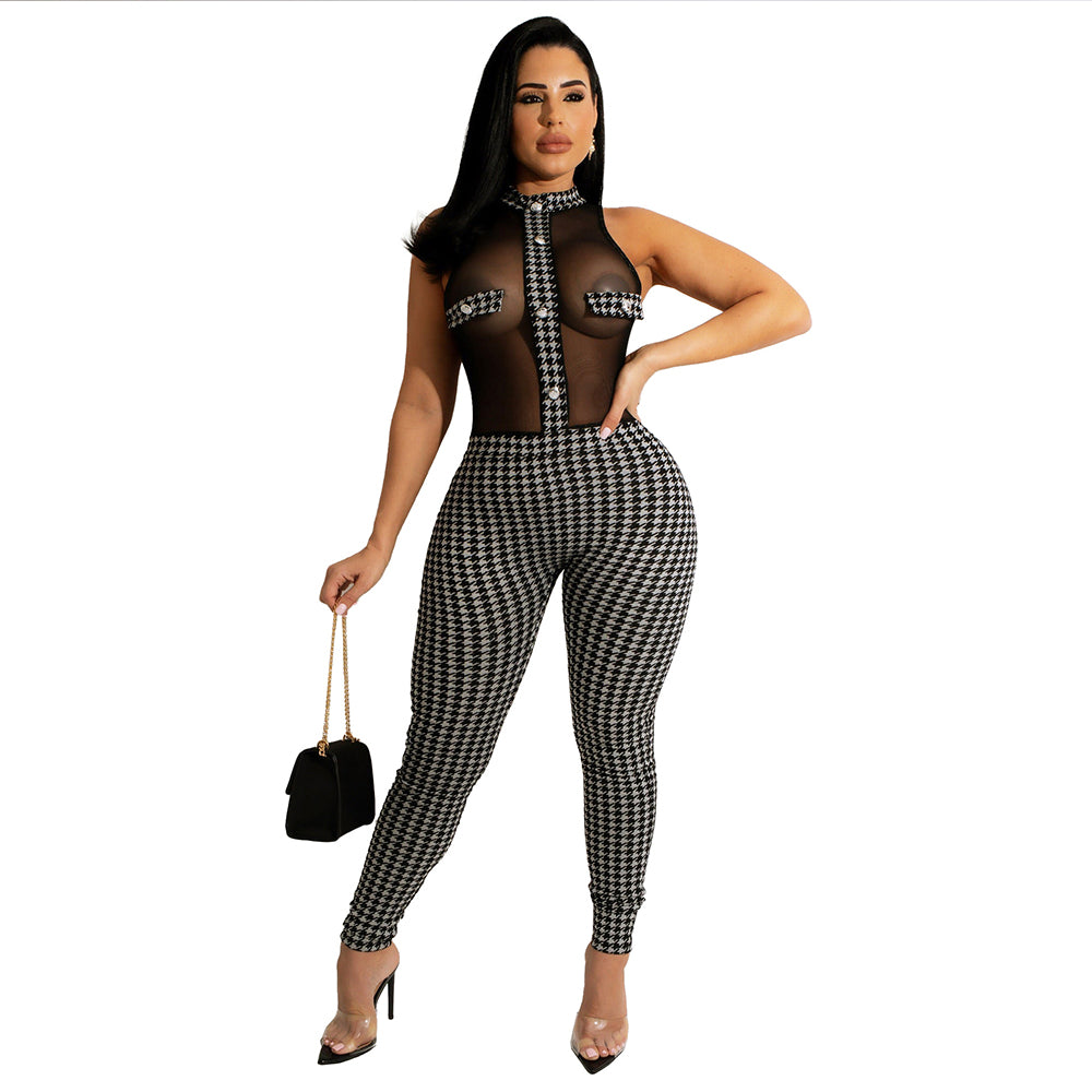 Sleeveless Halter Neck Ribbed Houndstooth Print Mesh Jumpsuit