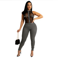 Sleeveless Halter Neck Ribbed Houndstooth Print Mesh Jumpsuit