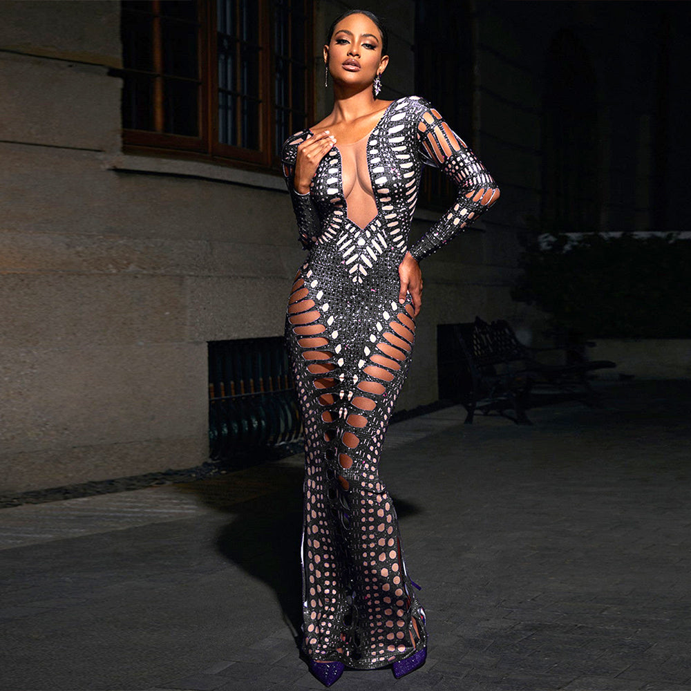 Long Sleeve Ripped Cut Out Diamond Print Jumpsuit