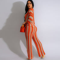 Short Sleeve Stripe Cardigan Wide Pants Suit