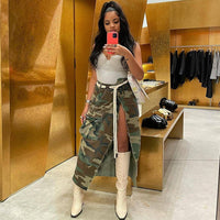 Camouflage Washed Pocket Slit Casual Maxi Skirt