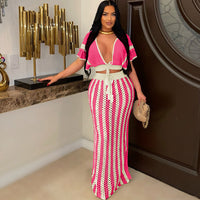 Short Sleeve Deep V Neck Stripe Knitted Maxi Skirt Suit