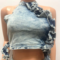 Sleeveless Ruffle Elastic Washed Denim Skirt Suit