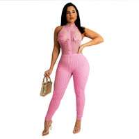 Sleeveless Halter Neck Ribbed Houndstooth Print Mesh Jumpsuit