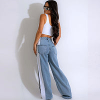 Three Stripe Stitching Wide Leg Denim Long Pants