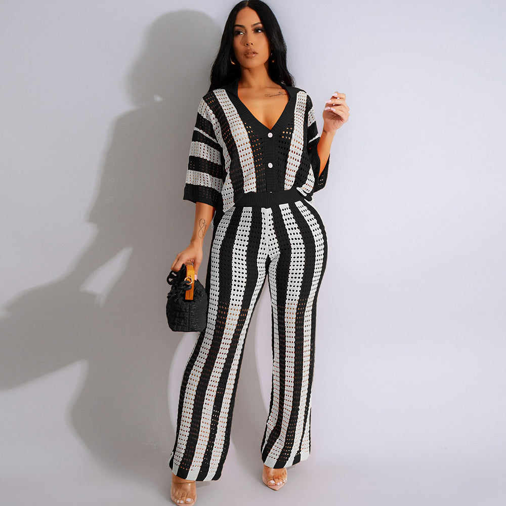 Short Sleeve Stripe Cardigan Wide Pants Suit