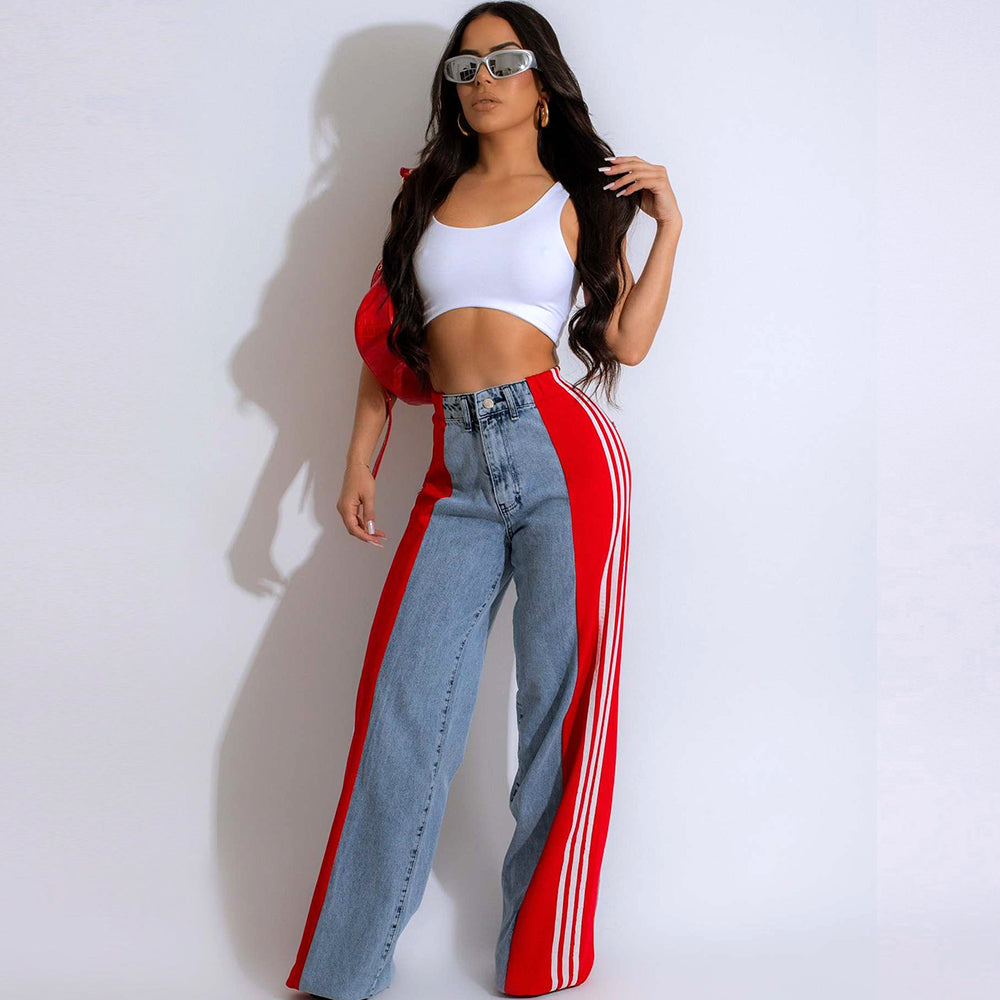 Three Stripe Stitching Wide Leg Denim Long Pants