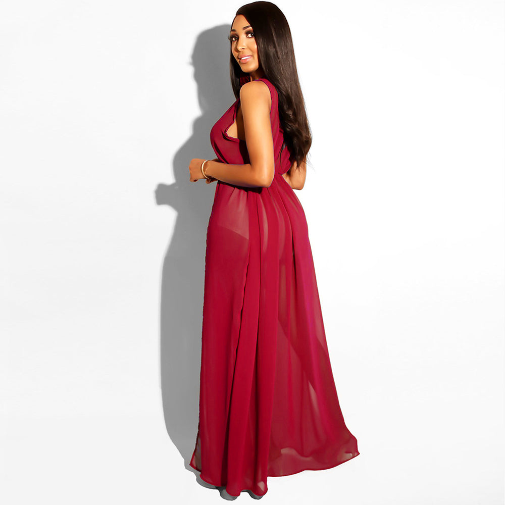 Sleeveless Chiffon Cape Beach Cut Out Long Dress