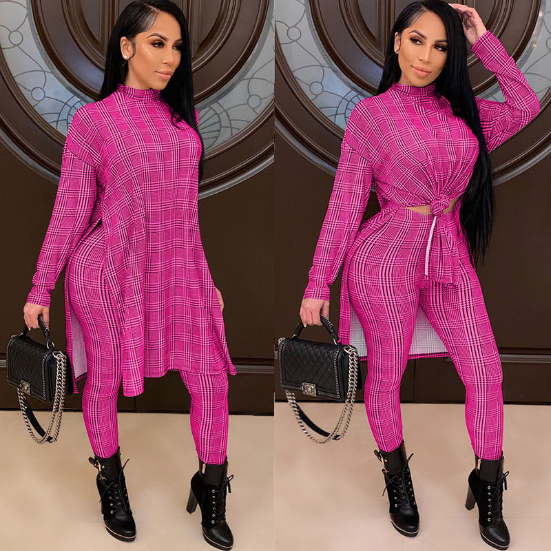 Turtle Neck Houndstooth Print Fashion Top Long Pants Suit