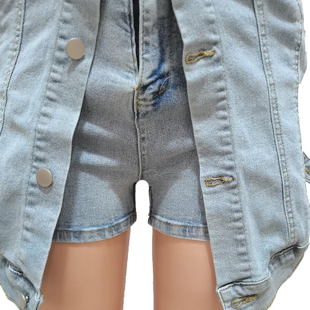 Elastic Fake Two Piece Button Denim Shorts