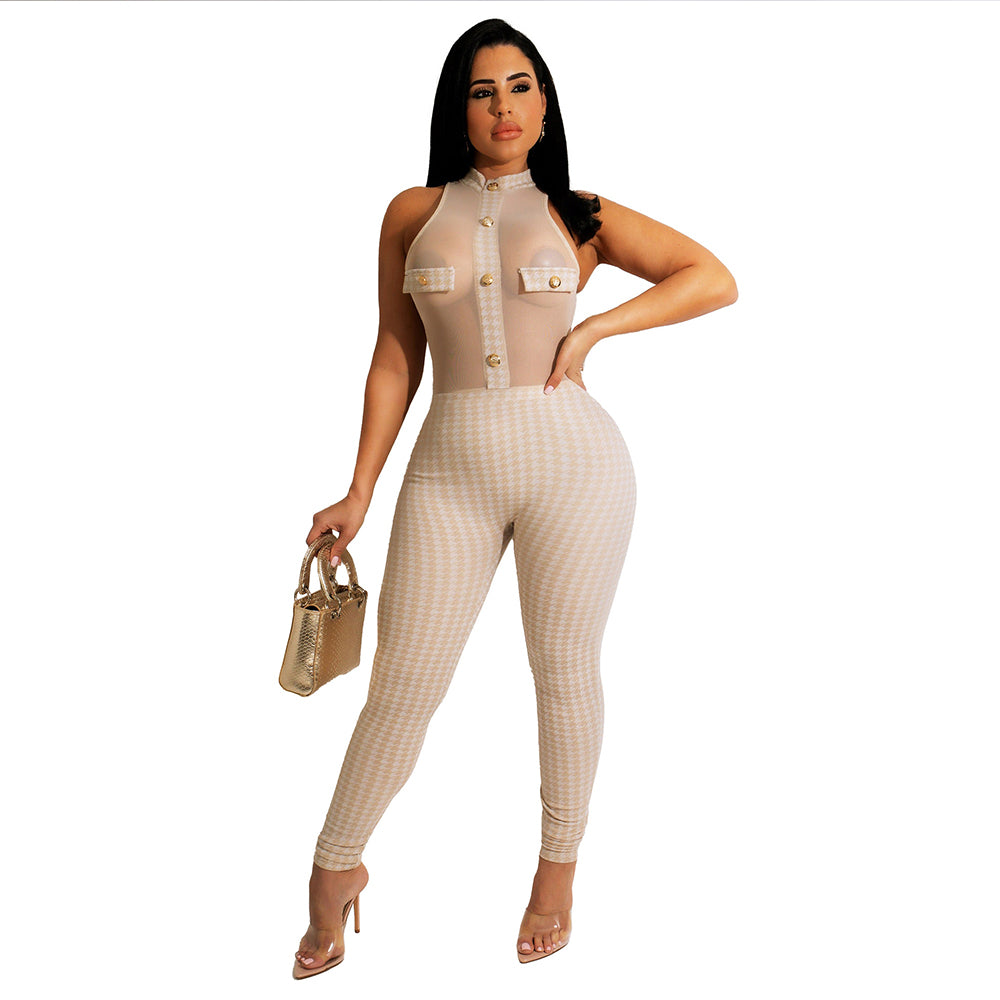 Sleeveless Halter Neck Ribbed Houndstooth Print Mesh Jumpsuit