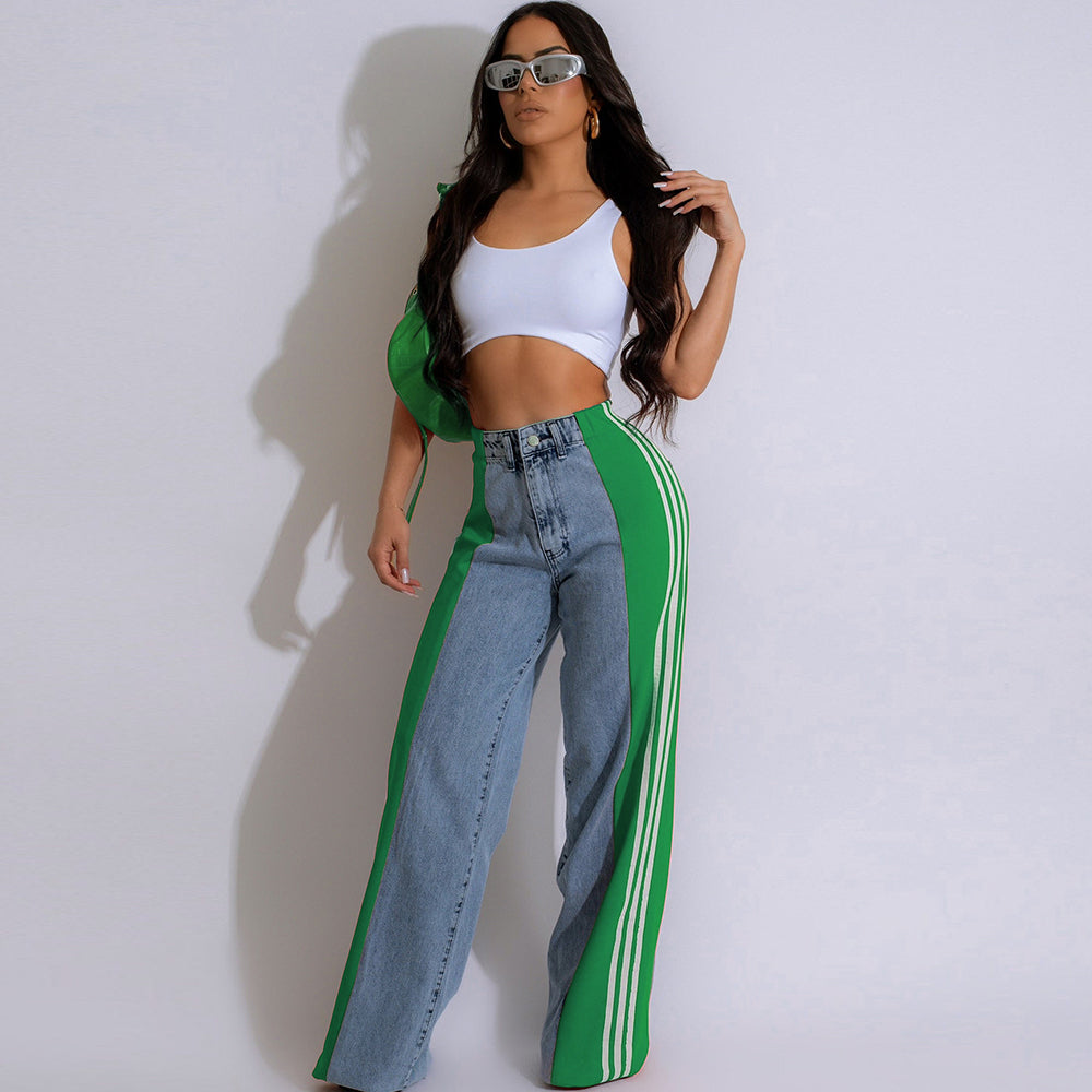 Three Stripe Stitching Wide Leg Denim Long Pants