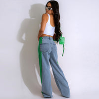 Three Stripe Stitching Wide Leg Denim Long Pants